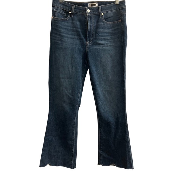 PAIGE Colette Crop Flare Jeans Dark Wash Distressed Raw Hem Women's Size 30